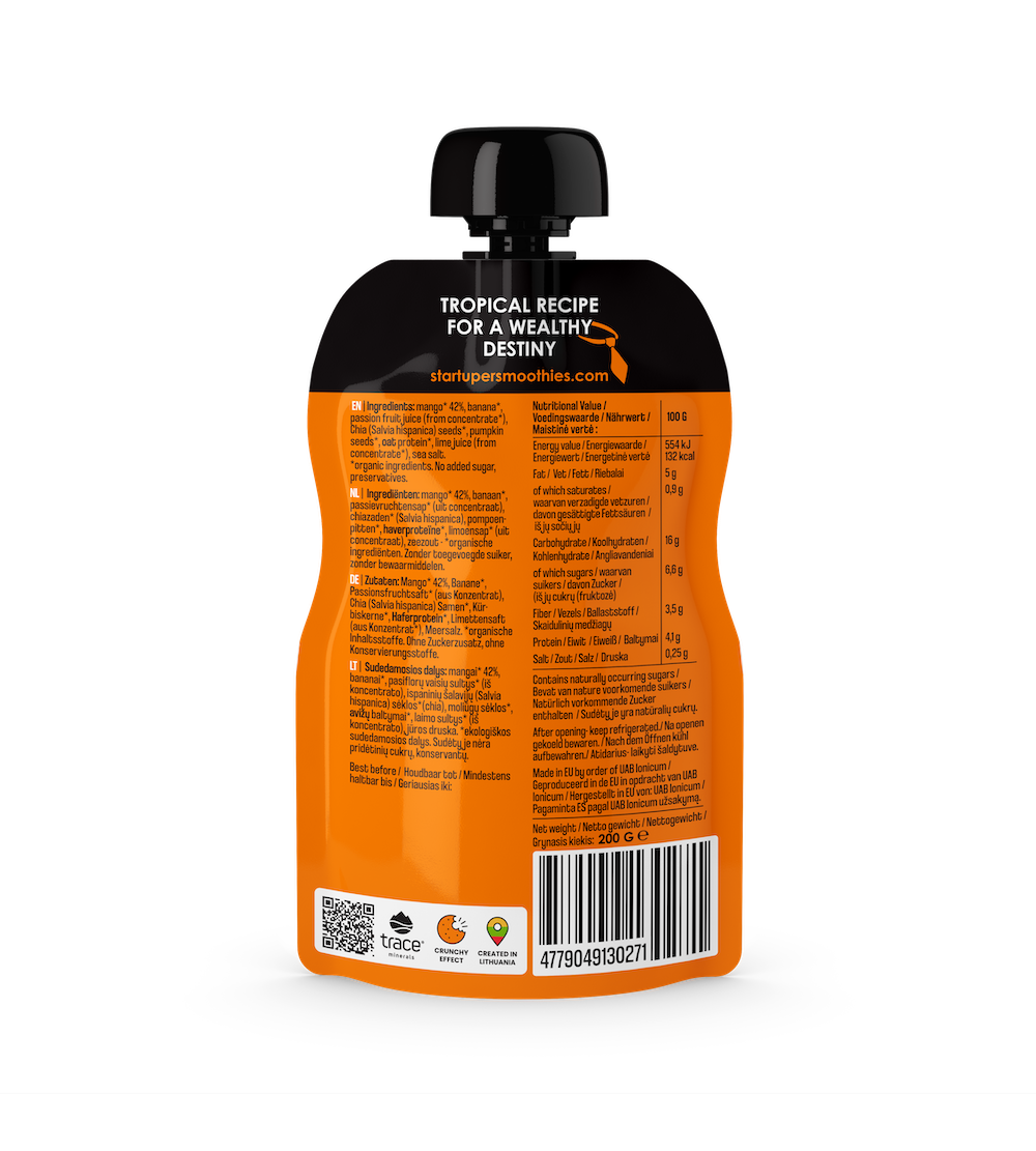 Startuper’s Smoothies CEO’s FAVOURITE – sveikas tropinių vaisių skonio ekologiškas užkandis, 200 g pakuotės galinė pusė