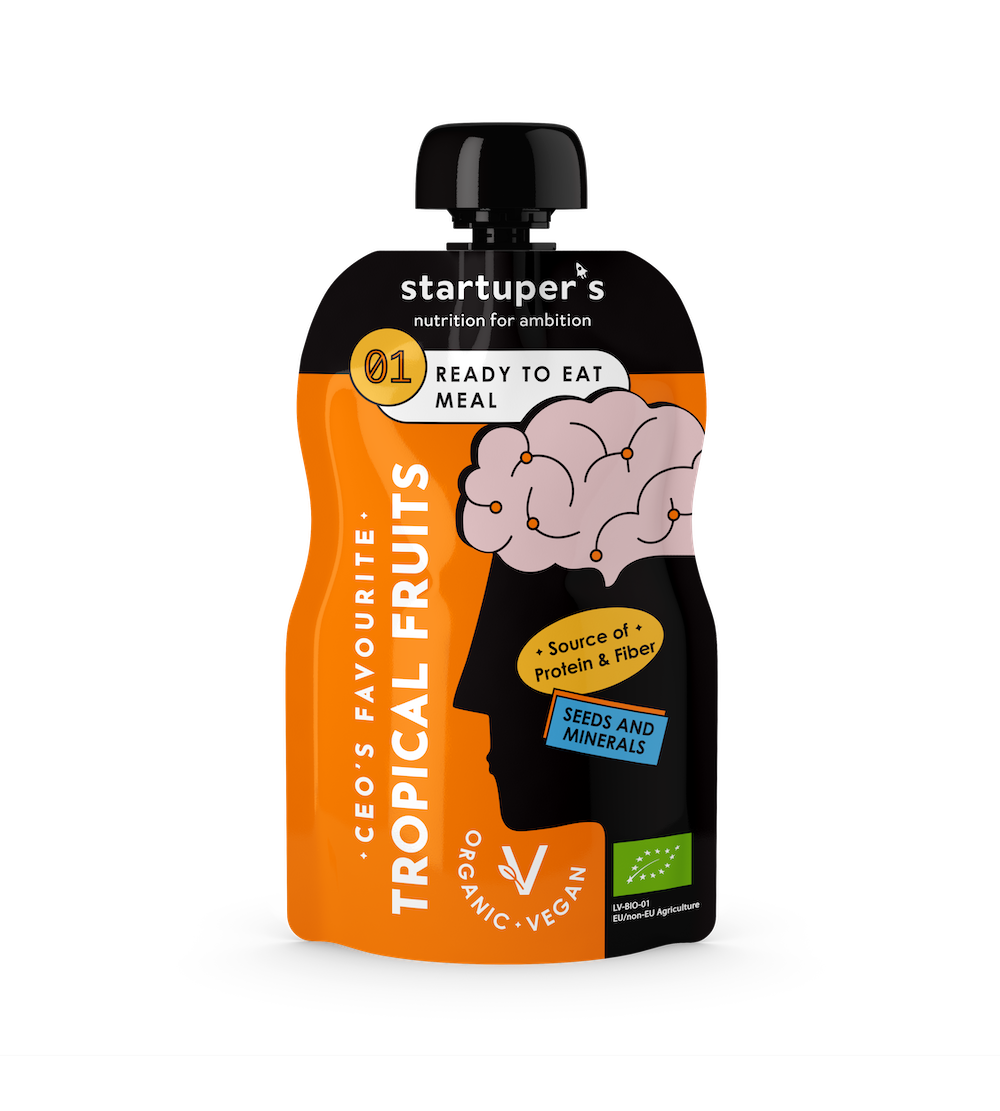 Startuper’s Smoothies CEO’s FAVOURITE – sveikas tropinių vaisių skonio ekologiškas užkandis, 200 g pakuotės priekinė pusė