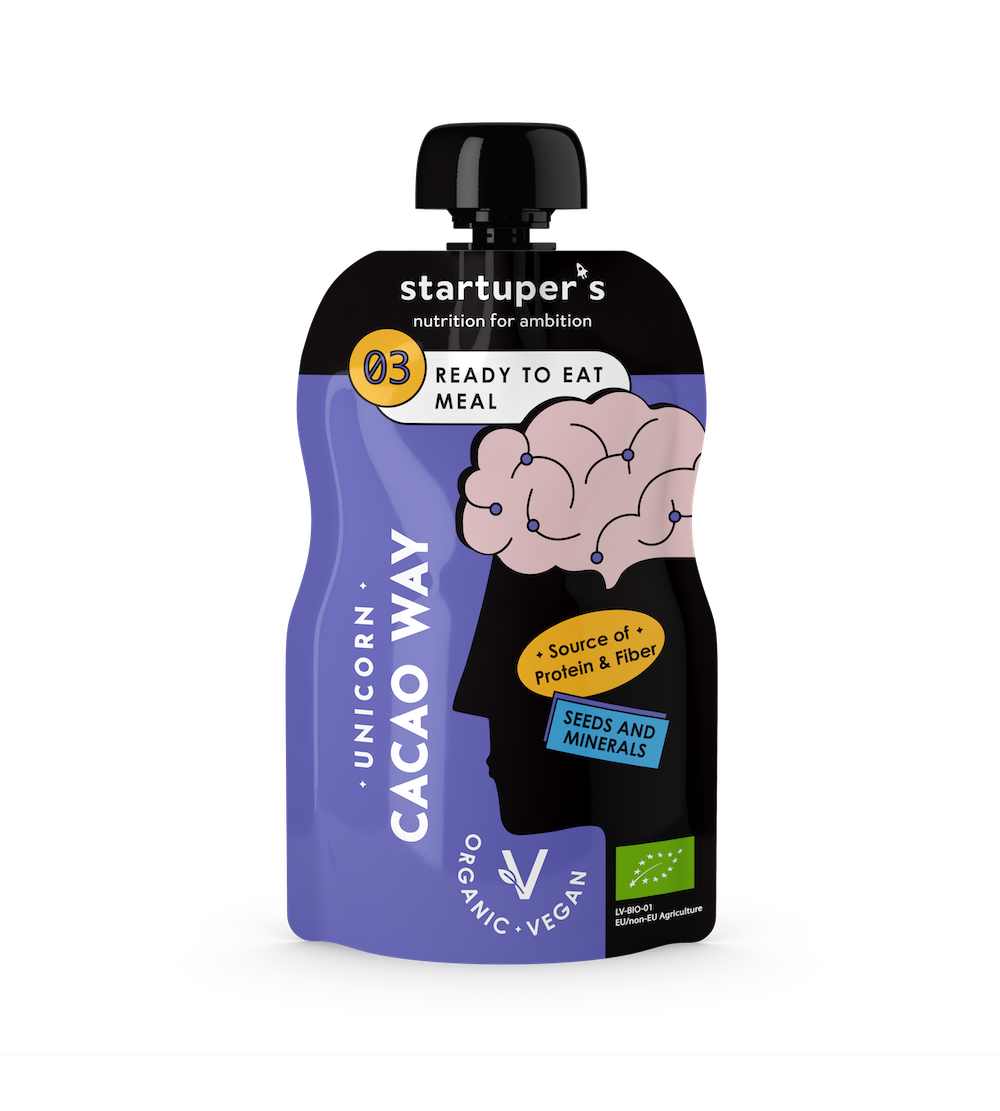 Startuper’s Smoothies UNICORN – sveikas juodojo šokolado ir braškių skonio ekologiškas užkandis, 200 g pakuotės priekinė pusė