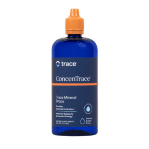 ConcenTrace 72+ Trace Mineral Drops – joninių mineralų 237 ml buteliukas su etikete ir produkto pavadinimu priekyje ConcenTrace 72+ Trace Mineral Drops – joninių mineralų 237 ml buteliukas su etikete ir produkto pavadinimu priekyje